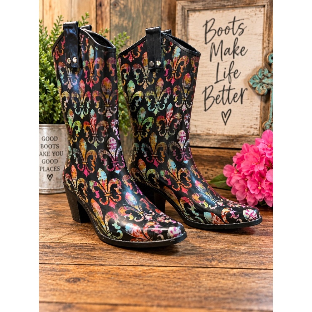 Rain BOPS by Beehive Fleur De Lis Western Cowboy Rain Boots Black Multi CRAIN07